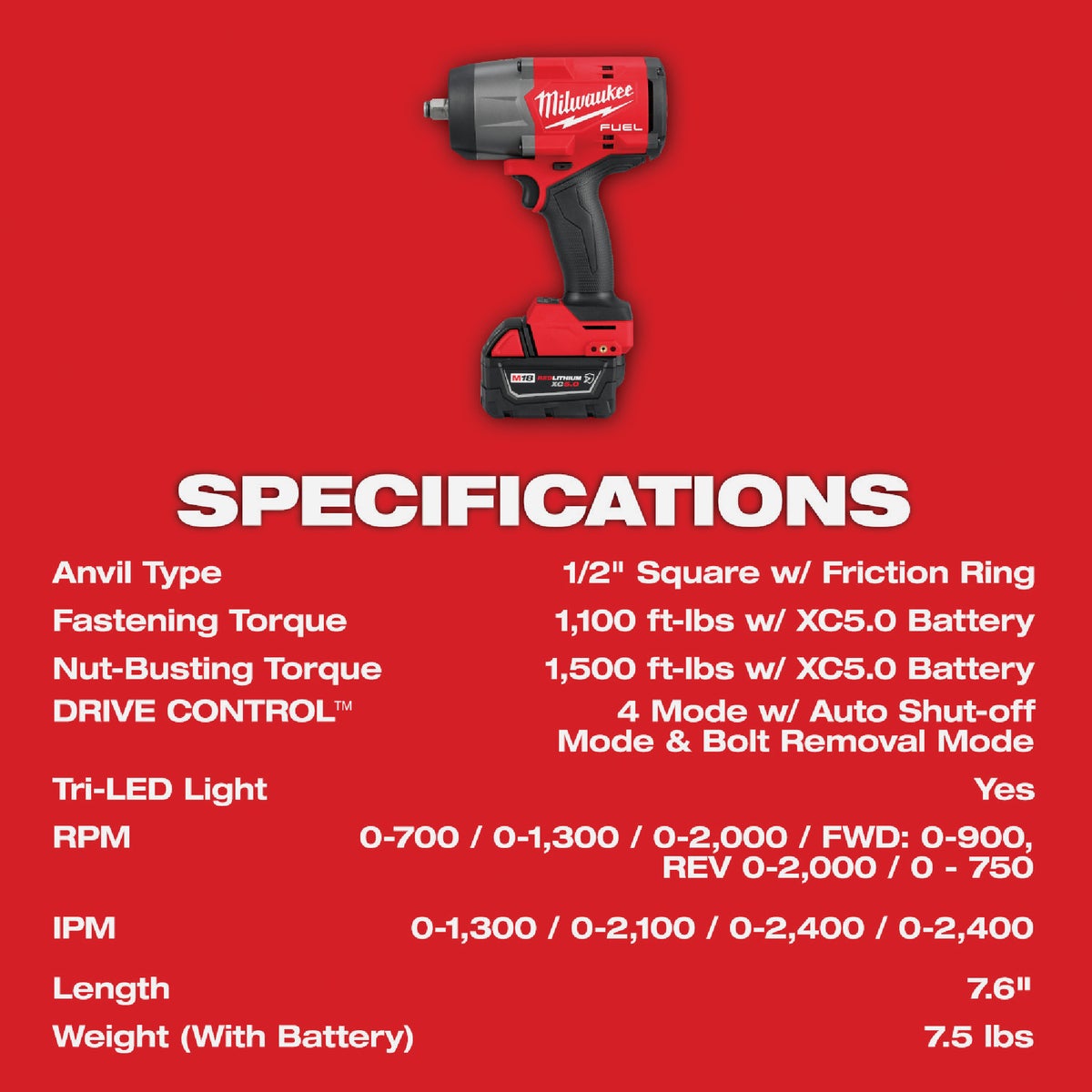 Milwaukee half inch impact specs sale